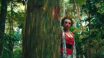 Enigmatic woman in a vibrant red dress and crown posing in a lush green forest, exuding a fairy tale ambiance. video