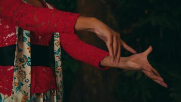 fermer de une femme mains faire des gestes, portant une rouge floral kimono manche, avec une foncé flou Contexte. video