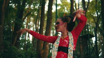 Woman in red costume dancing and walking through a lush green forest, surrounded by tall trees and ferns. video