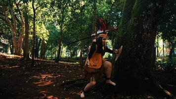 pessoa dentro tribal vestuário com uma cocar dentro uma exuberante floresta contexto, evocando uma sentido do aventura e cultural herança. video