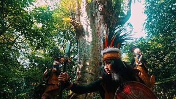 indígena hombre en tradicional atuendo con un lanza en un lozano bosque ajuste. video