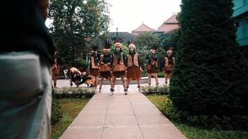 grupo de intérpretes en tradicional disfraces caminando abajo un jardín camino con verde arbustos. video