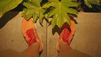 Top view of a person's feet in orange sneakers standing on a textured surface with green plant leaves video