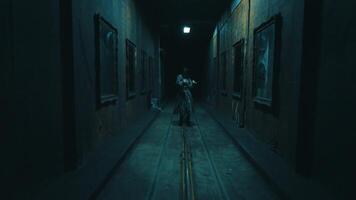 Person walking through a dimly lit, eerie corridor with paintings on the walls, creating a mysterious atmosphere. video