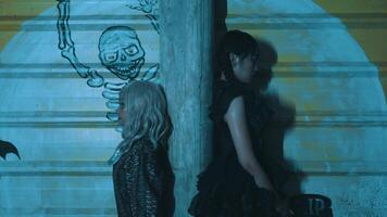dois mulheres dentro gótico fantasias posando contra uma assustador pano de fundo com com tema de halloween silhuetas. video