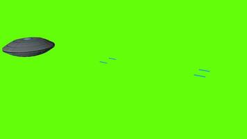 UFO flying round spaceship flying from left to right while firing blue lasers against green background. 3D animation video