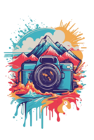 AI generated graphic vintage photo camera on sea and mountains background png