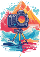 AI generated graphic vintage photo camera on sea and mountains background png