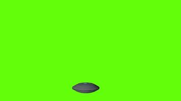UFO flying round spaceship flying from bottom to top against green background. 3D animation video