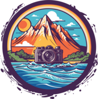 AI generated graphic vintage photo camera on sea and mountains background png