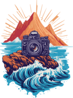 AI generated graphic vintage photo camera on sea and mountains background png