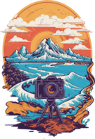 AI generated graphic vintage photo camera on sea and mountains background png