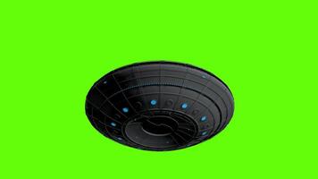 UFO flying round spaceship flying front to back viewed from below against green background. 3D animation video