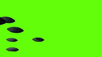 UFO group of round spaceships flying from left to right against green background. 3D animation video