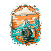 AI generated graphic vintage photo camera on sea and mountains background png