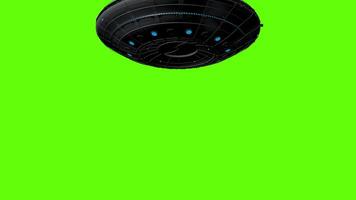 UFO flying round spaceship flying top down projecting blue waves against green background. 3D animation video