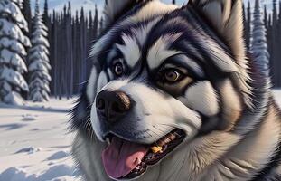 AI Generated Portrait of an Alaskan Malamute against the backdrop of a winter forest in the snow. video