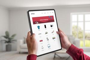 manos sostener un tableta mostrando un comercio electrónico página web con producto categorías. concepto de conveniente en línea compras desde hogar, ofrecimiento un sin costura y moderno compras experiencia foto