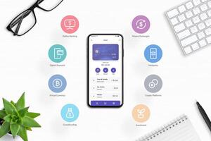 Smartphone on a desk displays a fintech app concept with flying icons around it. Illustrating the integration of diverse fintech services for modern and efficient financial management photo