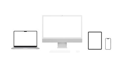 Modern computer devices, including computer display, laptop, tablet, and smartphone, showcase various screen resolutions for app or web page presentations. Isolated screens perfect for mockup designs photo