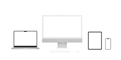 Modern computer devices, including computer display, laptop, tablet, and smartphone, showcase various screen resolutions for app or web page presentations. Isolated screens perfect for mockup designs photo