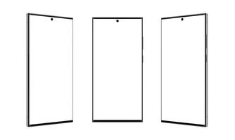 Three positions of a modern square shape smartphone with thin, sharp edges, isolated on white photo