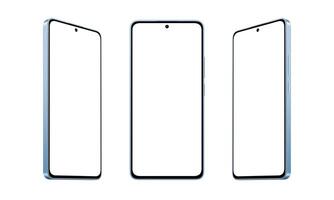 Blue, modern smartphone mockup with thin, round edges, displayed in three positions on a white background photo