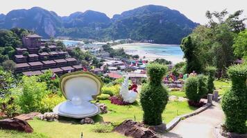 Beautiful famous beach lagoon panorama view between limestone rocks turquoise water on the viewpoint on Koh Phi Phi Don island in Ao Nang Krabi Thailand. video