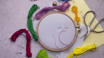 Embroidery hoop, fabric, thread and other accessories video