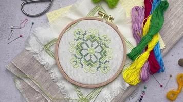 Embroidery with colored threads and various sewing accessories video