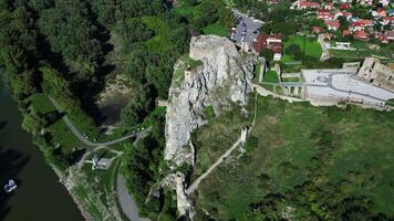 Aerial orbiting view of Devin castle in Slovakia in September 2023 video