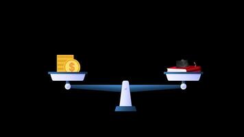 A scale balancing between education and money concept animation with Alpha Channel. video