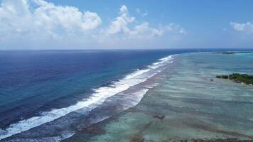 zangão Visão do paraíso ilhas do a Maldivas com coral recifes debaixo a ondas do a indiano oceano. video