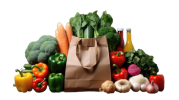 AI generated Isolated grocery bag with vegetables and fruits on transparent background png Generative AI