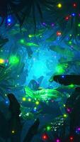 Flying through foliage in a dark jungle with lots of colorful fireflies. Vertical looped animation video