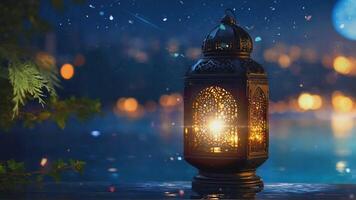 ai généré animation 4k vidéo de Ramadan décoration avec arabe lanternes à nuit avec réflexion sur le l'eau. sans couture boucle temps laps virtuel Contexte. video