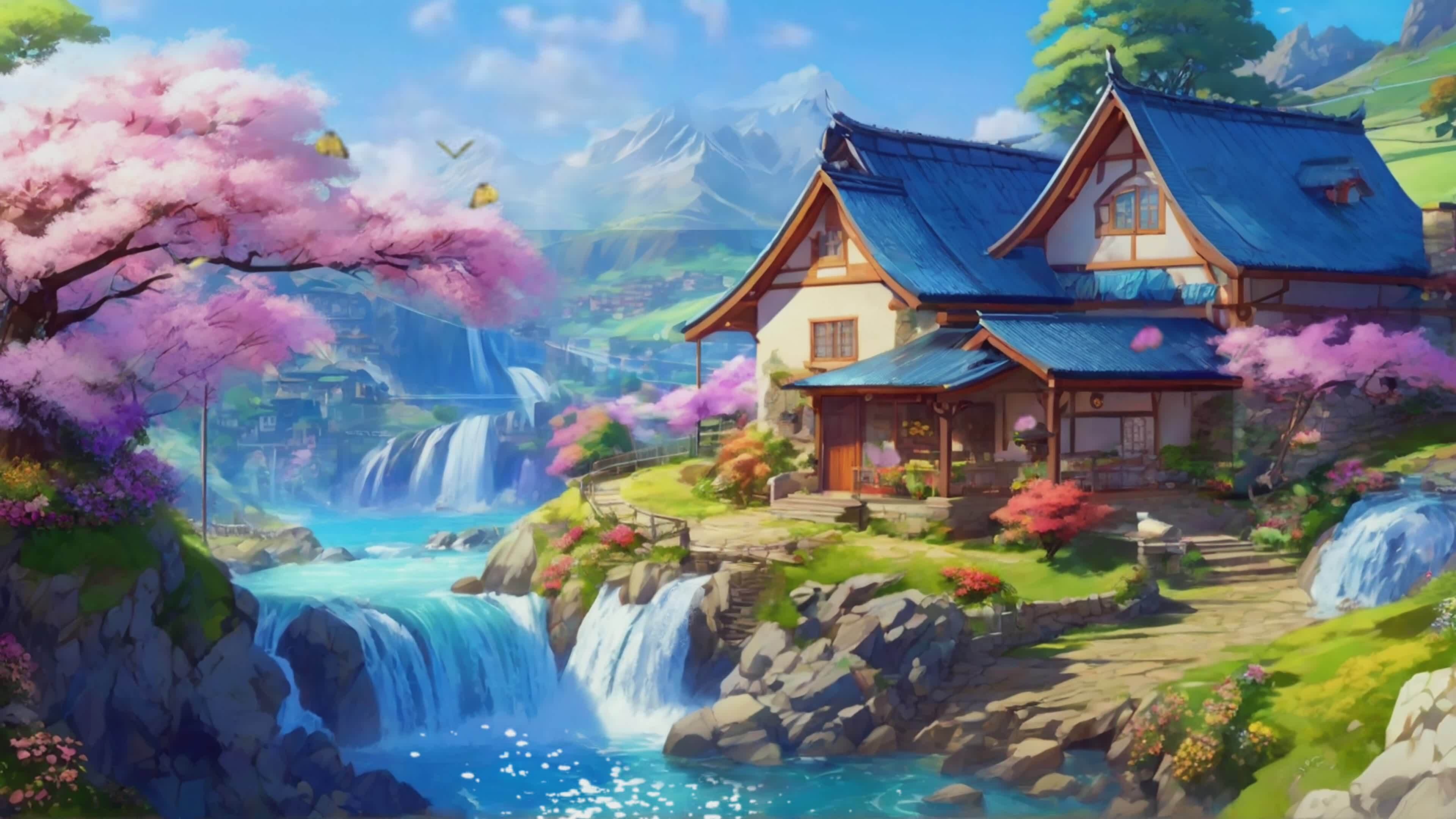 Matsudina kuća Ai-generated-a-paradise-fantasy-house-in-a-village-on-a-mountainside-in-spring-a-small-river-beside-the-house-anime-landscape-illustration-video