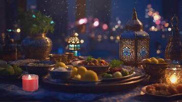 AI generated Capturing the Essence of Sahur and Ramadan celebration with lanterns background. 4K seamless looping time-lapse video animation.