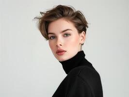 AI generated portrait of a young woman with short hair on a light background photo