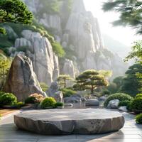 AI generated empty stone podium against the backdrop of an oriental garden photo