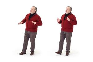 man talking and gesturing in full length on a white background photo