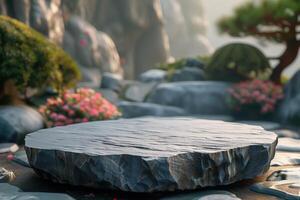 AI generated empty stone podium against the backdrop of an oriental garden photo