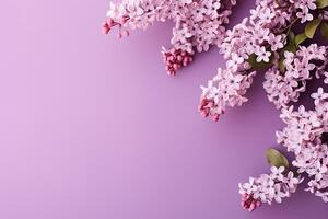 AI generated Spring background with a lilac branch on the right and space for text. Mother's Day, March 8, birthday. Generated by artificial intelligence photo