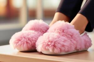 AI generated Homemade fluffy pink slippers on female feet. Generated by artificial intelligence photo
