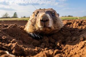 AI generated A marmot crawls out of the ground after hibernation. Generated by artificial intelligence photo