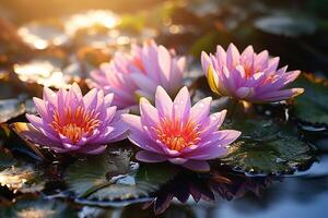 AI generated Beautiful lilac water lilies with water drops on the leaves. photo