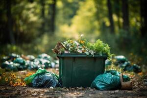 AI generated Garbage bags in the forest. Clean planet concept. Generated by artificial intelligence photo