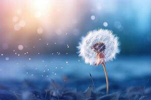 AI generated Dandelion and its seeds on a blue blurred background. Spring, summer background. Generated by artificial intelligence photo