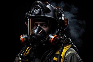 AI generated Rescuer, firefighter in a protective suit with a helmet and gas mask close-up. Generated by artificial intelligence photo