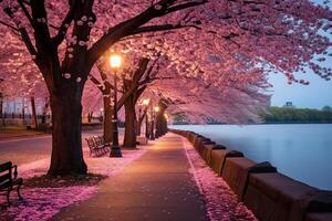 AI generated A long alley with flowering trees along the river. Generated by artificial intelligence photo